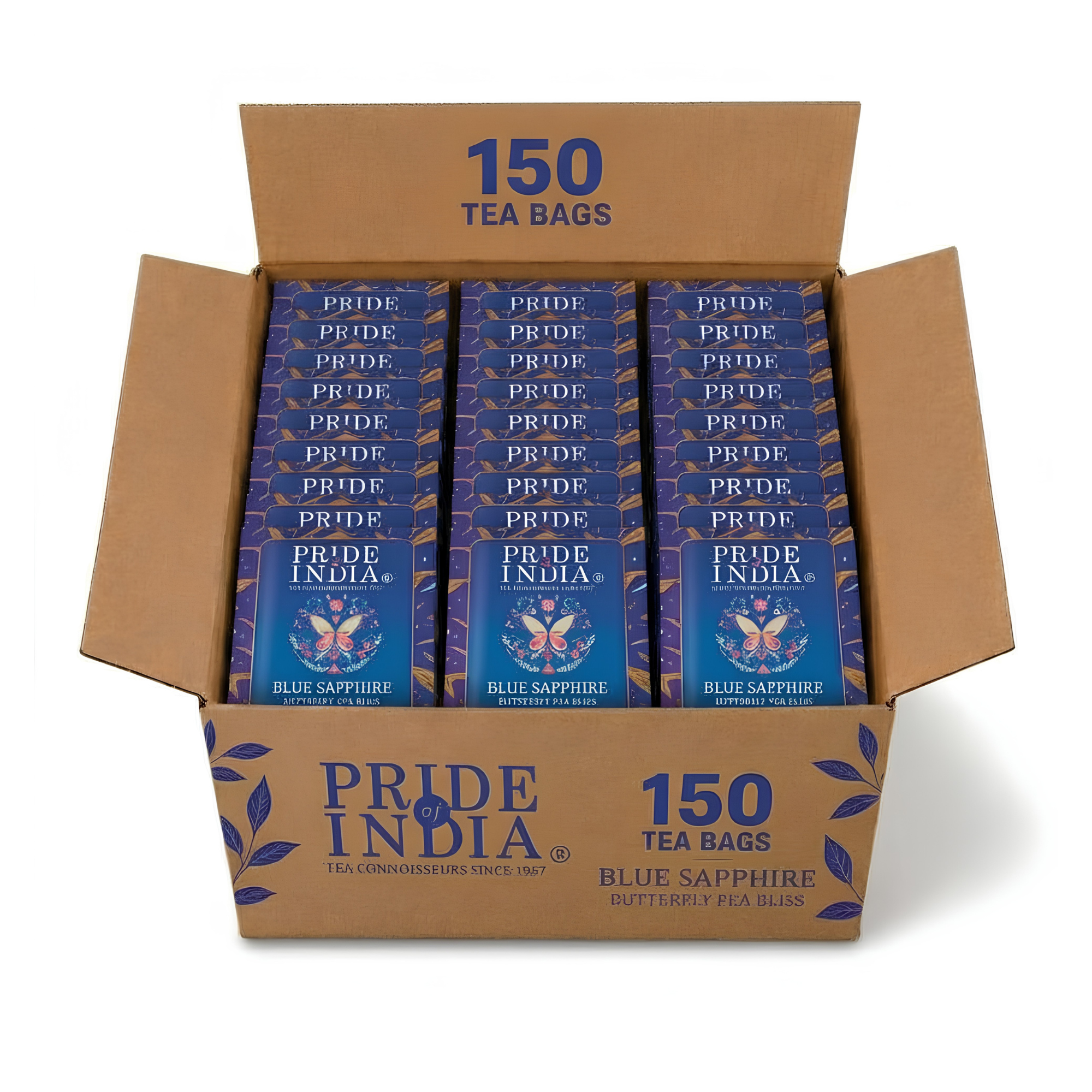 Pride of India Blue Sapphire Herbal Tea - 150 Individually Wrapped Full Leaf Pyramid Tea Bags | Butterfly Pea Flower Tea Bulk Pack for Food Service, Cafes, Hotels, Offices & Daily Tea Drinkers