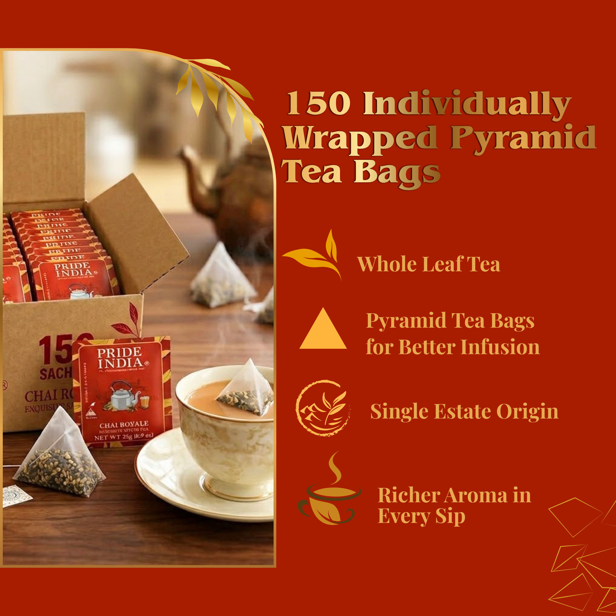 Pride of India Chai Royale Spiced Tea - 150 Individually Wrapped Full Leaf Pyramid Tea Bags | Masala Chai Tea Bulk Pack for Food Service, Cafes, Hotels, Offices & Daily Tea Drinkers