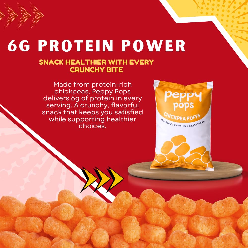 Peppy Pops Chickpea Puffs Pizza Party Flavor - 6 Pack, 12 oz | Classic Pizza Flavored High Protein Snacks | Healthy Alternative to Chips and Better-for-You Crunchy Snack with 6g Protein Per Bag