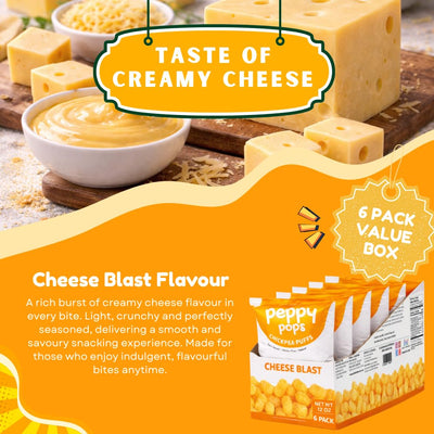 Peppy Pops Chickpea Puffs Cheese Blast Flavor - 6 Pack, 12 oz | Cheesy High Protein Snacks | Crunchy Better-for-You Snack and Healthy Alternative to Chips with 6g Protein Per Bag