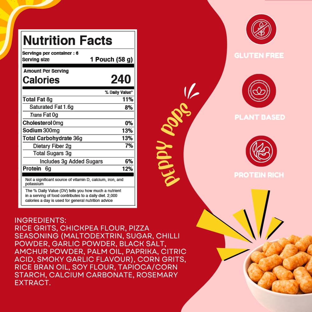 Peppy Pops Chickpea Puffs Pizza Party Flavor - 6 Pack, 12 oz | Classic Pizza Flavored High Protein Snacks | Healthy Alternative to Chips and Better-for-You Crunchy Snack with 6g Protein Per Bag