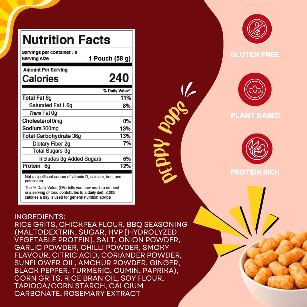 Peppy Pops Chickpea Puffs BBQ Blaze Flavor - 6 Pack, 12 oz | Smoky Barbecue Flavored High Protein Snacks | Healthy Alternative to Chips, Better-for-You Crunchy Snack with 6g Protein Per Bag