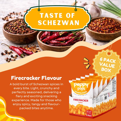 Peppy Pops Chickpea Puffs Firecracker Flavor - 6 Pack, 12 oz | Spicy Schezwan High Protein Snacks | Crunchy Better-for-You Snack and Healthy Alternative to Chips with 6g Protein Per Bag