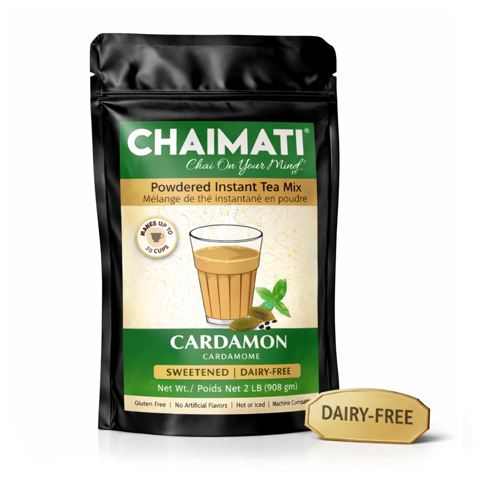 Chaimati Cardamom Dairy-Free Chai Mix, 2 LB (908 gm) | Sweetened, Vegan, Gluten Free, No Artificial Flavors | Instant Powdered Tea, Makes 30 Cups | Elaichi Flavor | Ready in Seconds | Hot or Iced