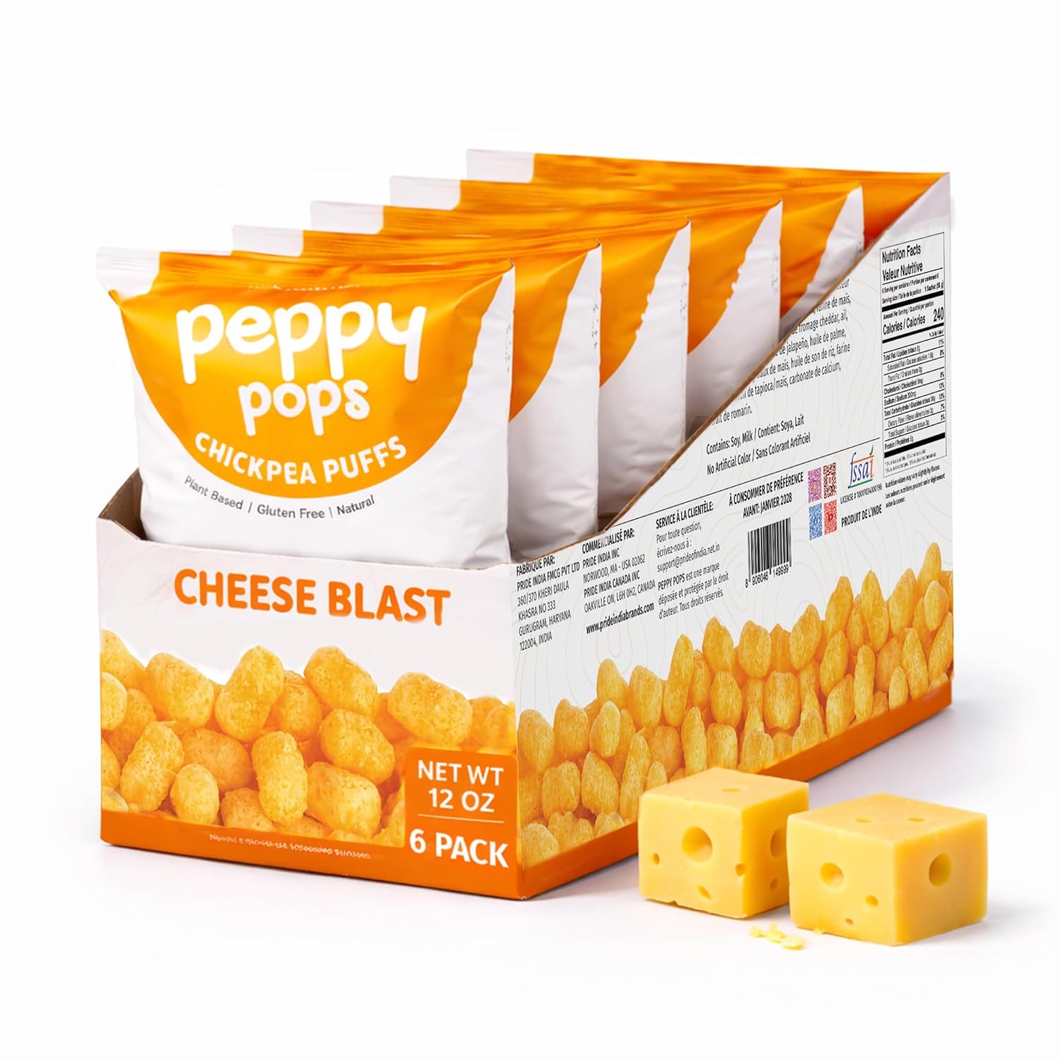 Peppy Pops Chickpea Puffs Cheese Blast Flavor - 6 Pack, 12 oz | Cheesy High Protein Snacks | Crunchy Better-for-You Snack and Healthy Alternative to Chips with 6g Protein Per Bag