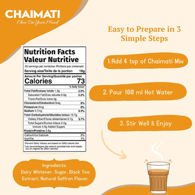 Chaimati Saffron Instant Tea Mix, 2 LB (908 gm) | Powdered Chai, Makes 50 Cups, Ready in Seconds | Sweetened, Dairy Based, Gluten Free | Natural Saffron Flavor | No Artificial Flavors | Hot or Iced