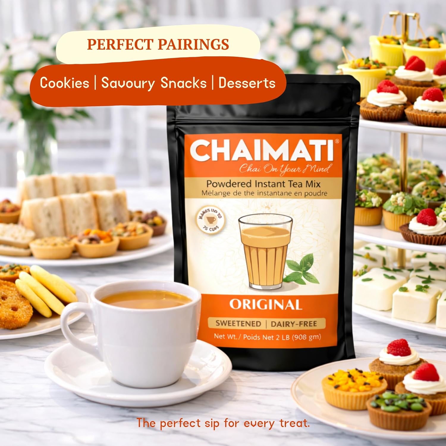 Chaimati Original Dairy-Free Instant Chai Mix, 2 LB (908 gm) | Sweetened, Vegan Friendly, Gluten Free | Powdered Tea, Makes 30 Cups | No Artificial Flavors | Ready in Seconds | Hot or Iced