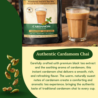 Chaimati Unsweetened Cardamom Chai Mix, 2 LB (908 gm) | No Added Sugar, Gluten Free, Dairy Based | Instant Powdered Tea, Makes 75 Cups | Natural Cardamom Flavor | Ready in Seconds | Hot or Iced