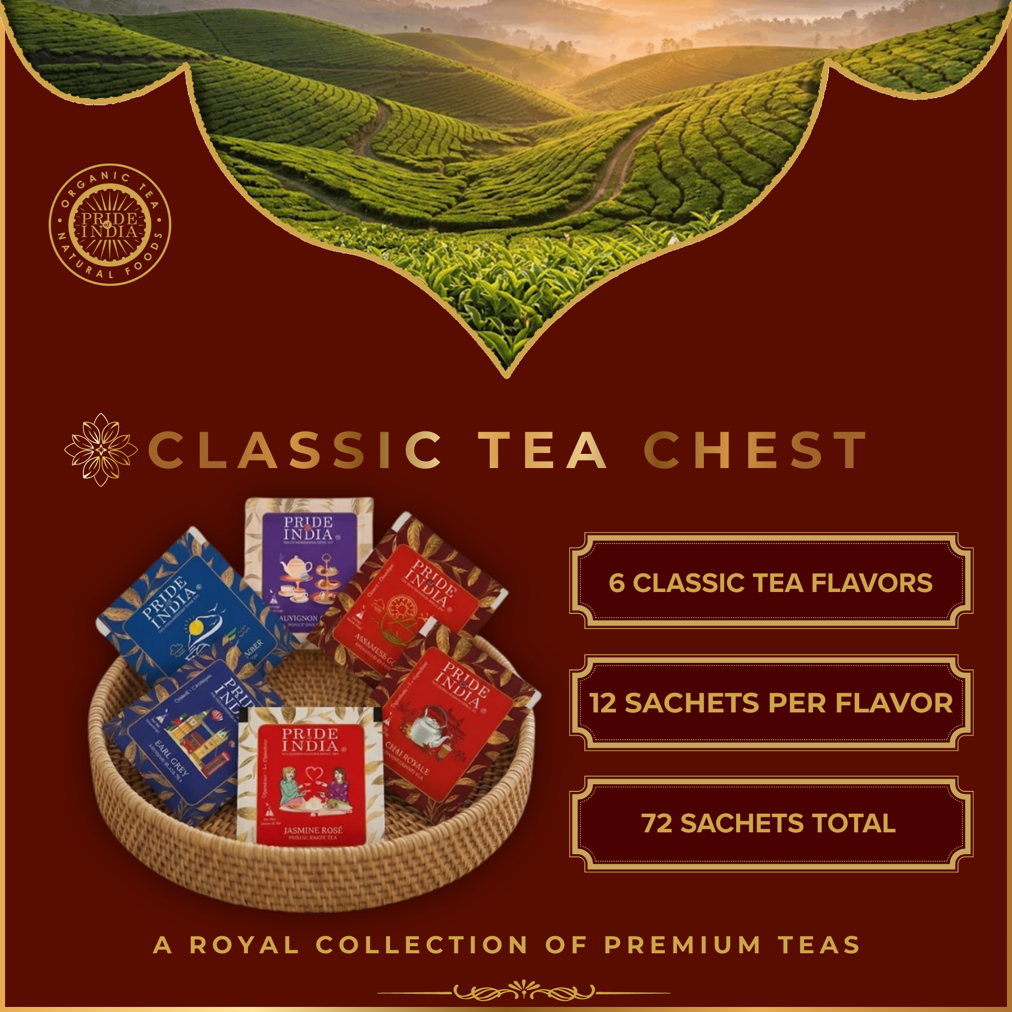 Premium Tea Chest – 6 Flavors, 72 Tea Bags (Classic & Herbal Options) - Pride Of India