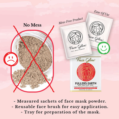 Face Glow- Fuller’s Earth w/ Rose & Aloe Vera- 12 Individual Sachets of Multani Mitti (10 gm each)- Reusable Brush & Tray Included - Pride Of India