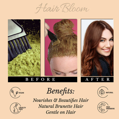 Hair Bloom Natural Brunette Hair Color- Herbal Henna & Indigo Mix Hair Color Powder- 12 individual sachets (10 gm each)- Reusable Brush & Tray Included - Pride Of India
