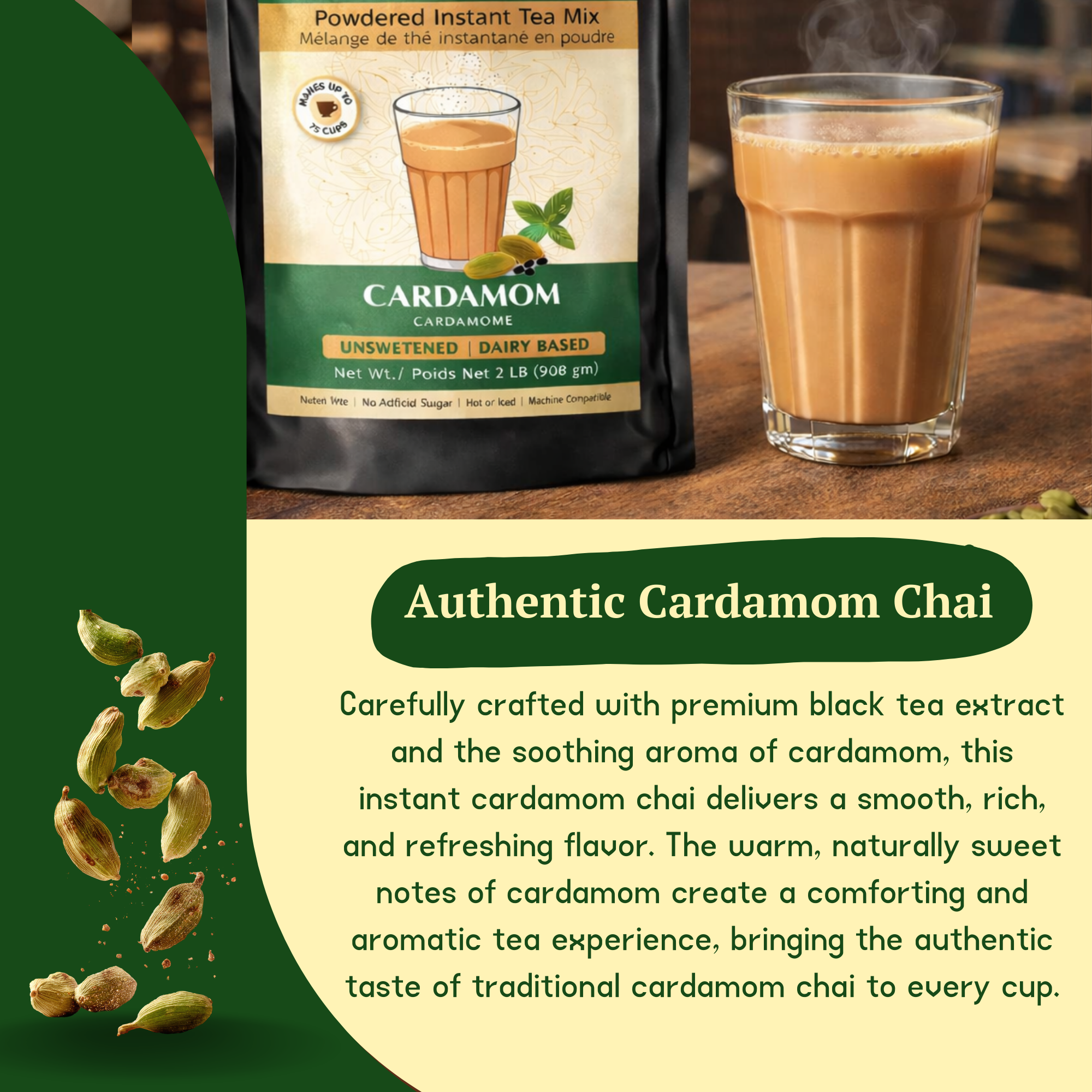 CHAIMATI Unsweetened Instant Cardamom Chai Latte Premix - 2 lb