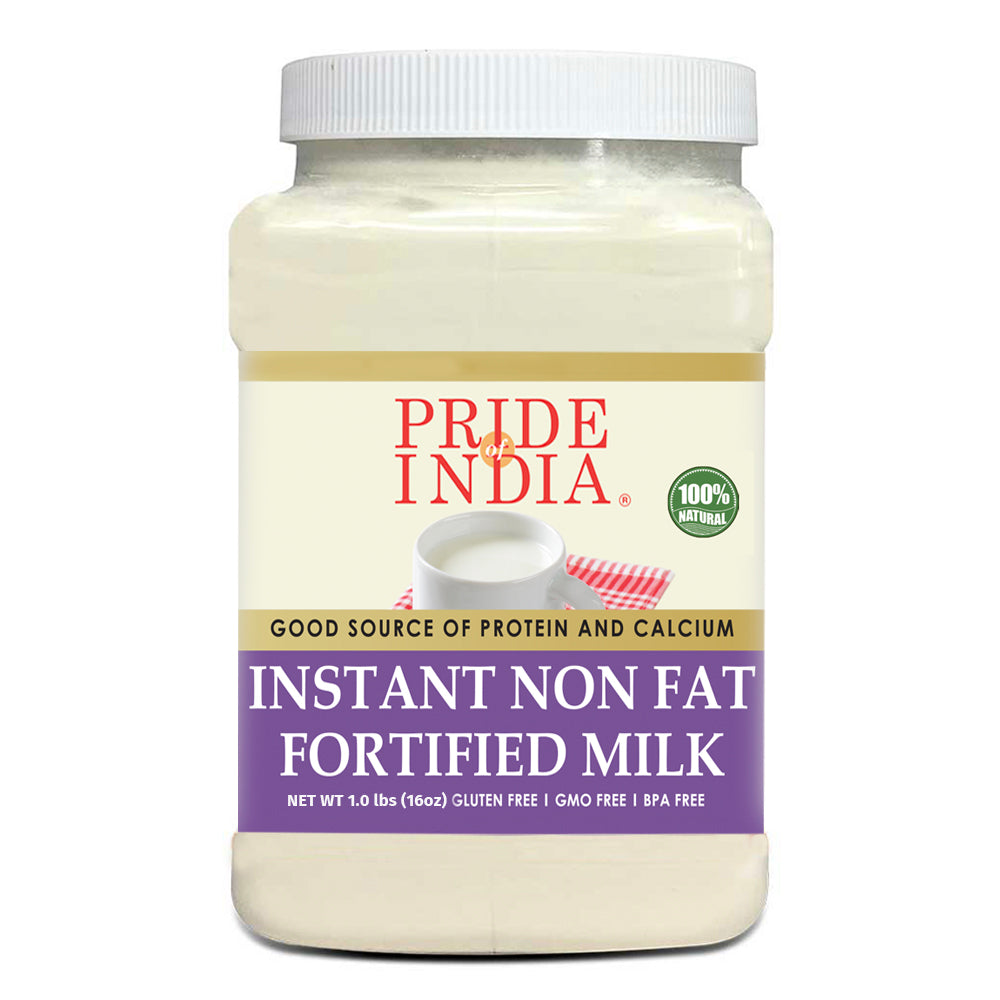 Instant Fortified Nonfat Dry Milk Powder - Enriched w/ Vitamin D, Protein & Calcium - 1 lbs (16oz) Jar - Pride Of India