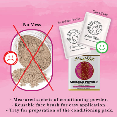 Hair Bliss- Natural Shikakai Acacia Herbal Hair & Skin Conditioning Powder- 12 Individual Sachets (10 gm each)- Reusable Brush & Tray Included - Pride Of India