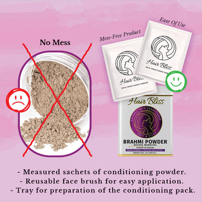 Hair Bliss- Natural Brahmi Bacopa Herbal Hair & Skin Conditioning Powder- 12 Individual Sachets (10 gm each)- Reusable Brush & Tray Included - Pride Of India