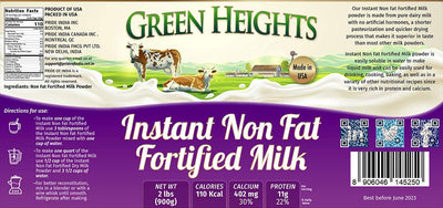 Instant Fortified Nonfat Milk Powder Jar 2 Pound / 900 GMS Jar by Green Heights - Pride Of India
